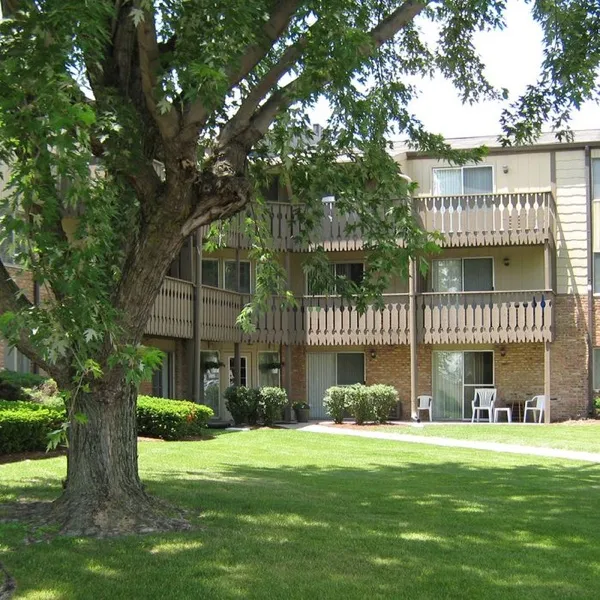 Courtyard lawn and mature shade tree in front of the balconied building