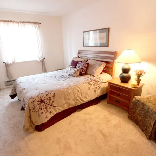 Furnished bedroom with a queen bed, nightstand and window with sheer curtains
